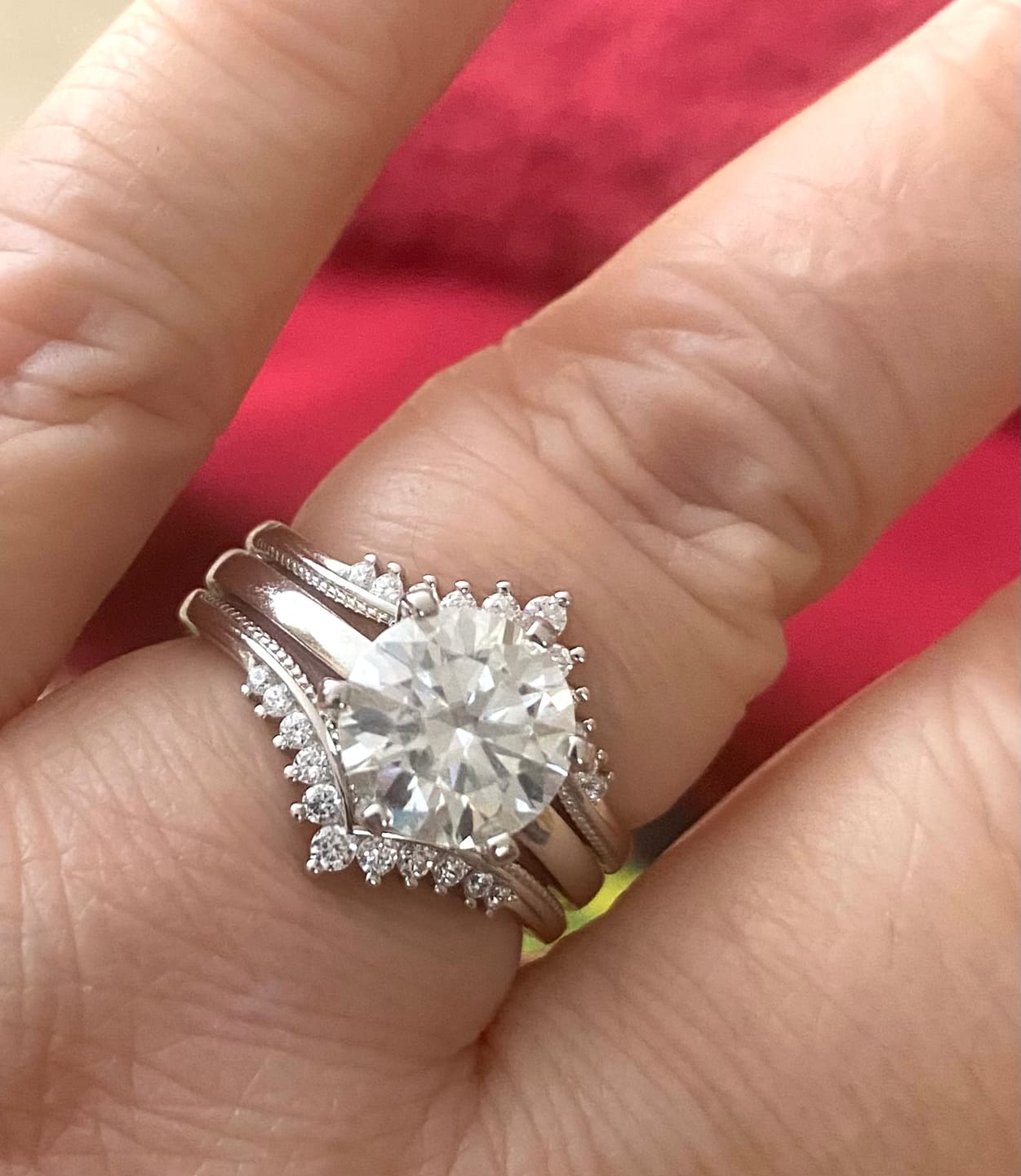 Customer photo review of Solitaire Moissanite With Enhancer Shank Bridal Engagement Ring Set