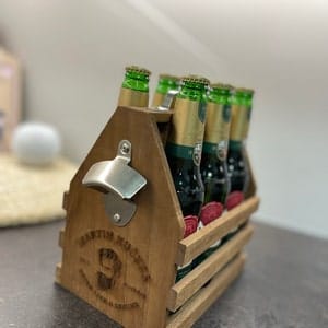 Customer photo review of Engraved Wooden Beer Bottle Carrier 6 Pack with Opener