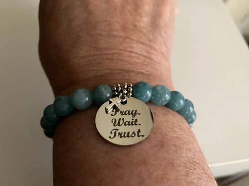 Customer photo review of Let Go Let God Prayer Bracelet—Aquamarine