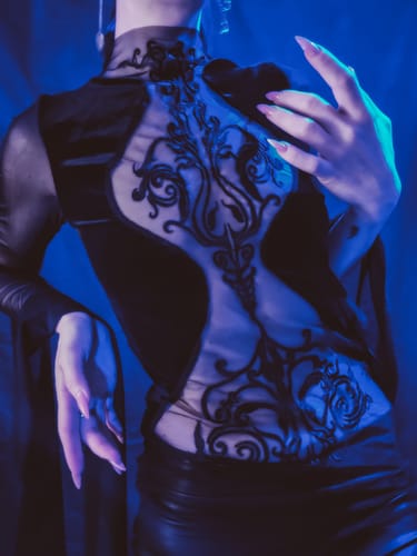 Customer photo review of Mesh crewneck long sleeve see through embroidery mini dress