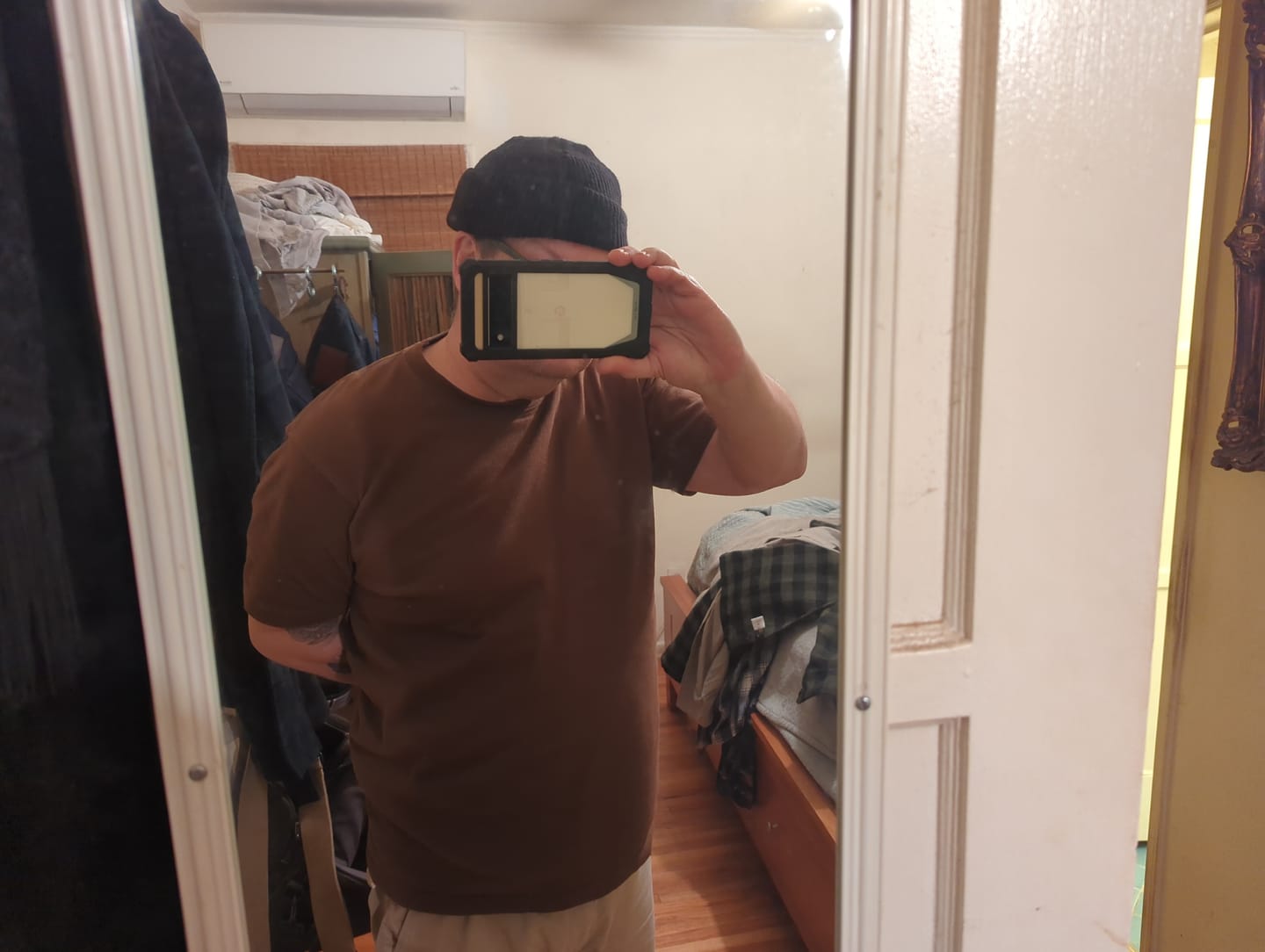Customer photo review of 9 oz Cotton Tubular T-Shirt - Coffee