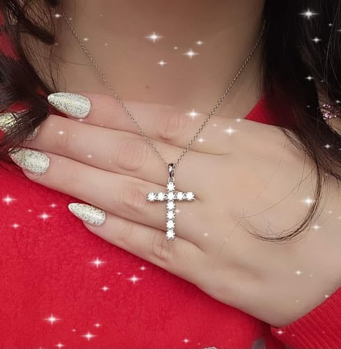 Customer photo review of Round Moissanite Cross Pendant Necklace in Sterling Silver