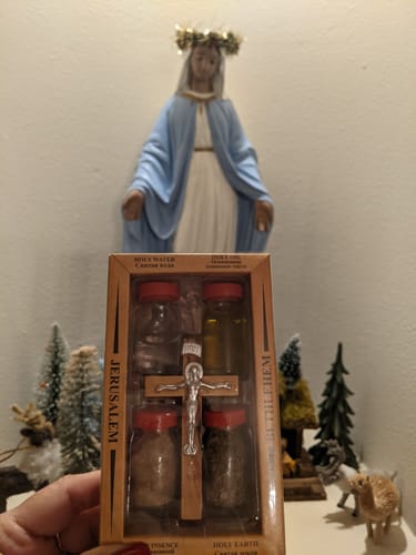 Customer photo review of Holy Land Set (Holy Water, Holy Soil, Anointing Oil, Holy Incense & Olive Wood Crucifix) - Holy Land Sets