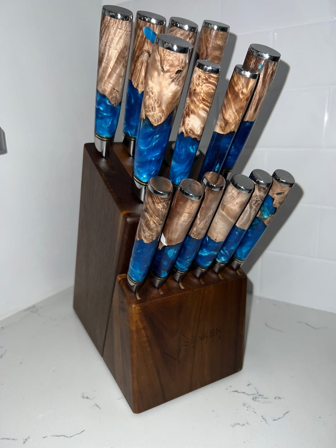 Customer photo review of Tsunami 15-Piece Japanese VG10 Damascus Knife Block Set — with Blue Resin Burl Wood Handles