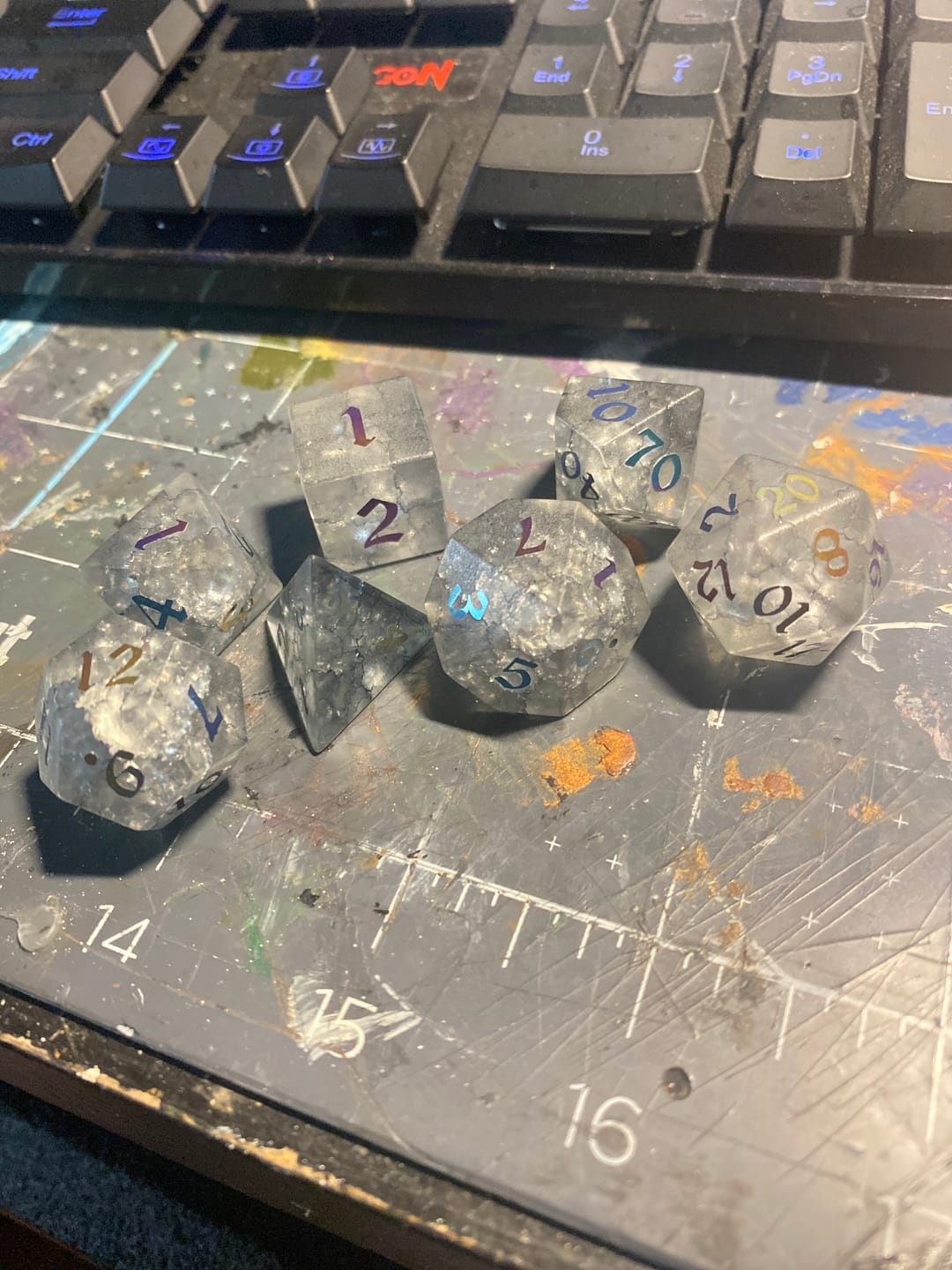 Customer photo review of Black Inked Lightning Glass Cracked Glass (And Box) Polyhedral Dice DND Set