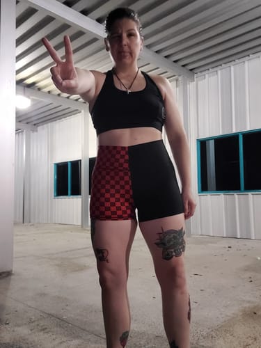 Customer photo review of Salty Savage Ladies High Rise Two Tone Training Shorts | Wet Suit Performance | Red/Checkerboard