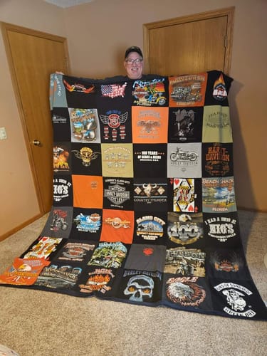 T-shirt quilt with motorcycles, biking themes by Michael from WI