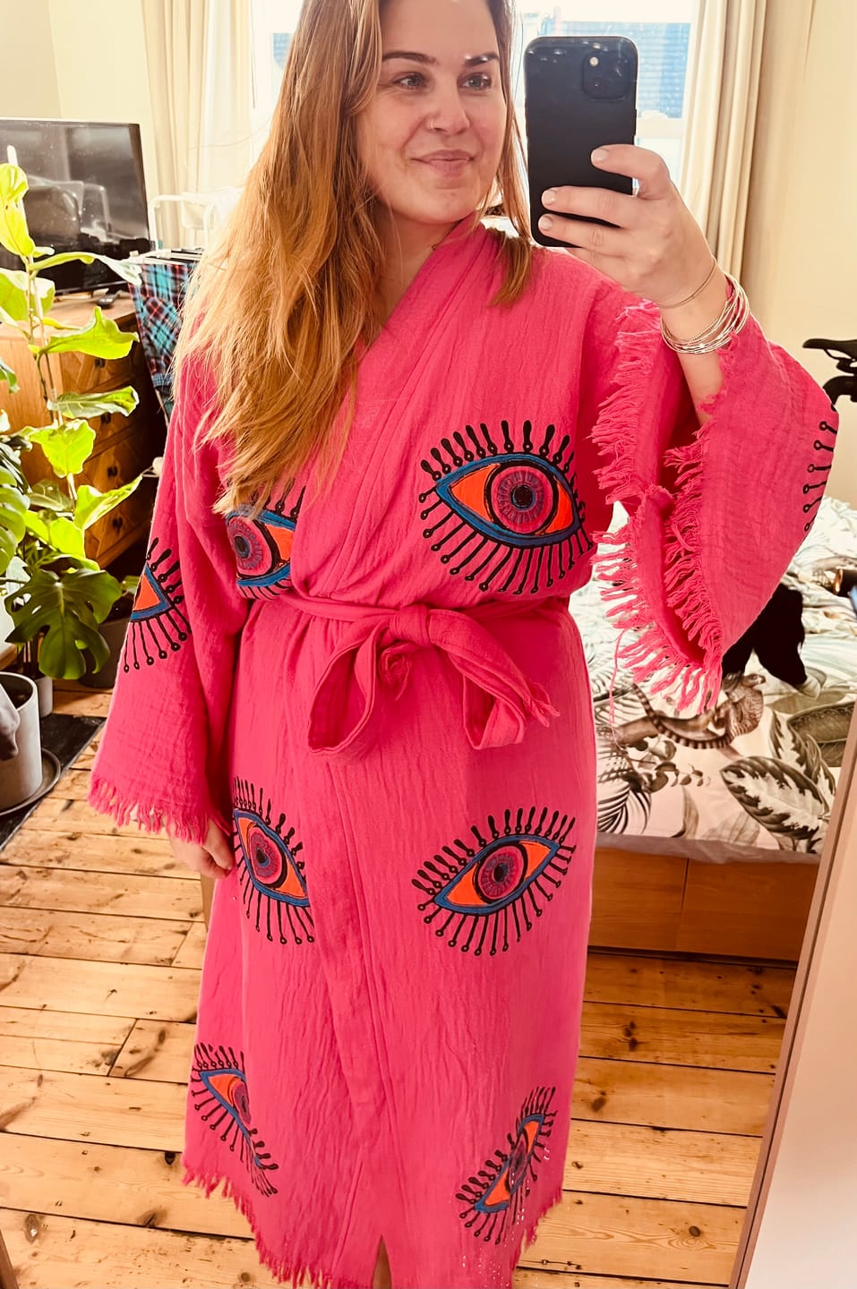 Customer photo review of Pink Evil Eye Kimono Robe