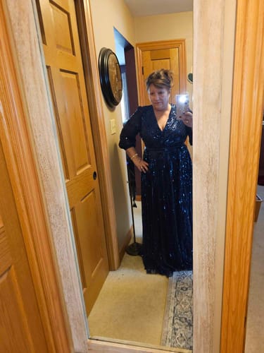 Customer photo review of Sequined Wrap Over 3/4 Sleeve Gown