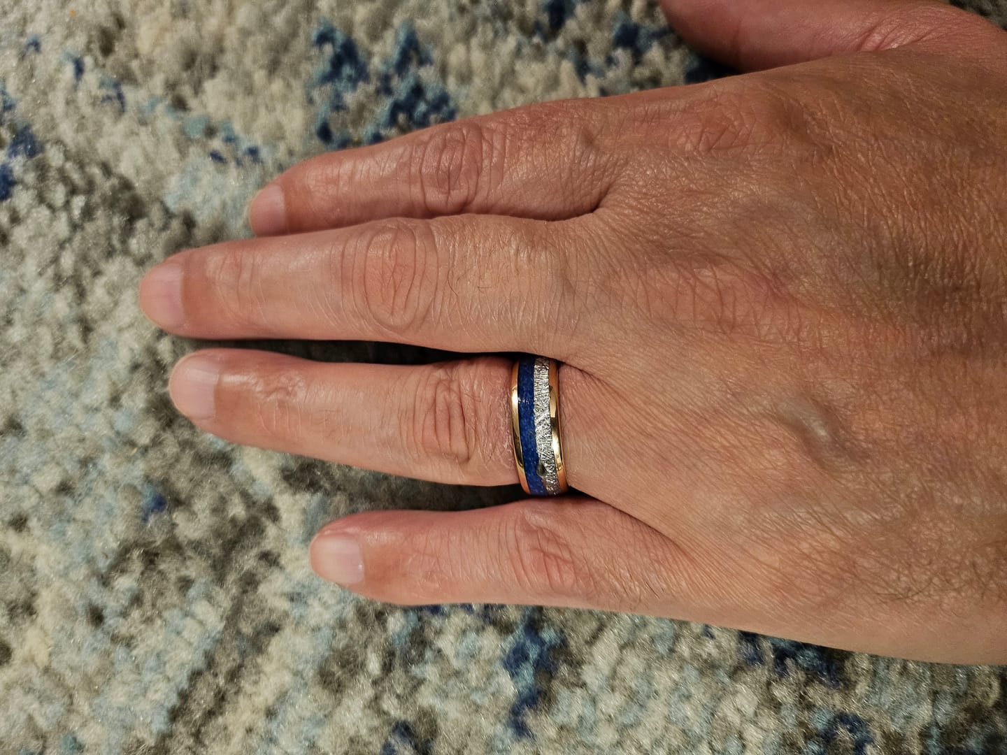 Customer photo review of 8mm- ROSE GOLD TUNGSTEN ARROW RING W/ BLUE LAPIS LAZULI, FAUX METEORITE,