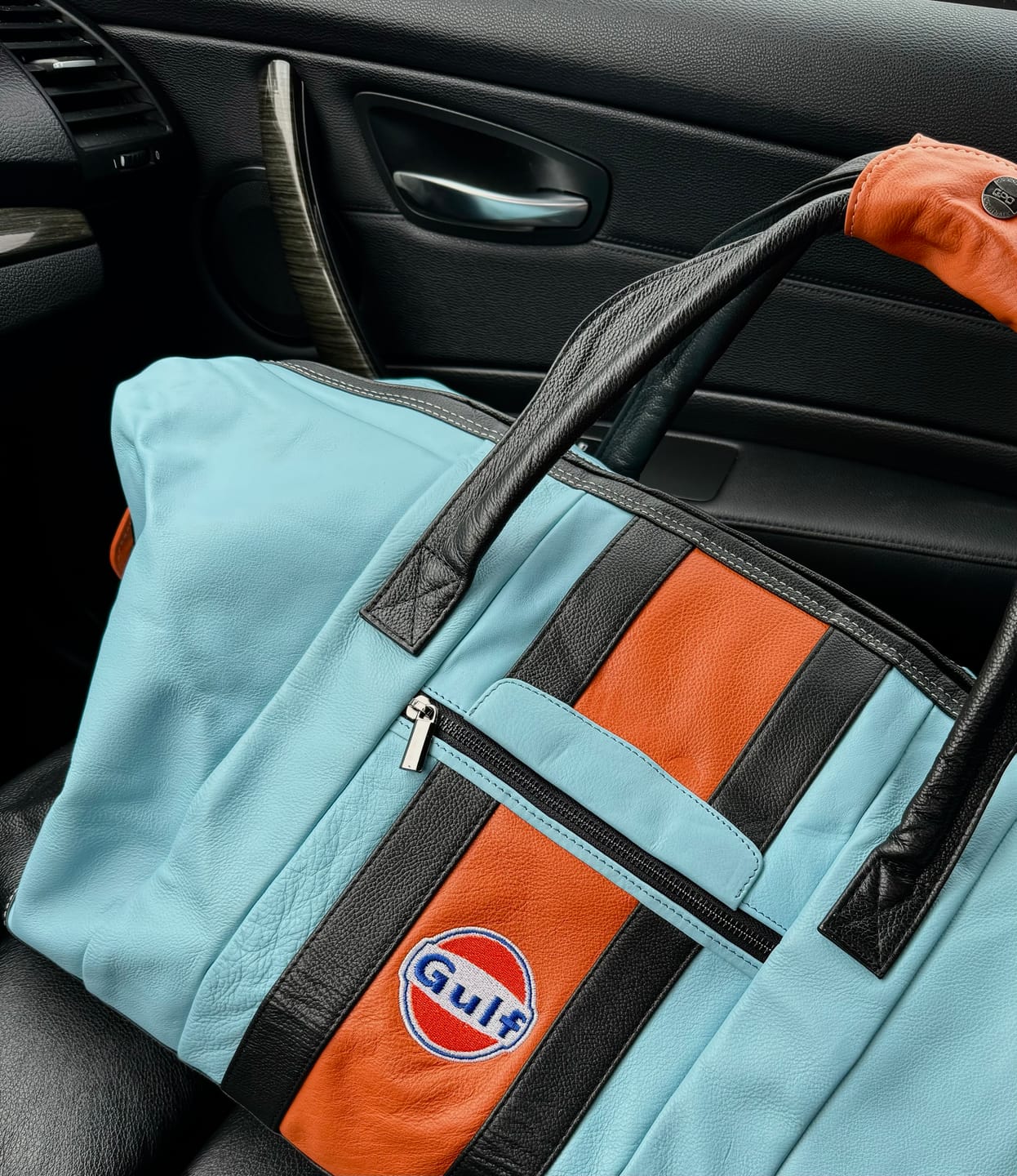 Customer photo review of Gulf Leather Large Duffel Bag in Gulf Blue