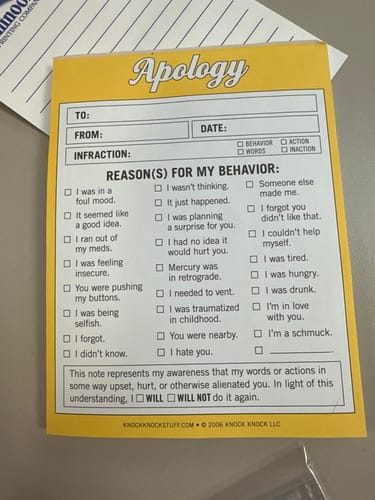 Customer photo review of Apology Notes - 50 sheets