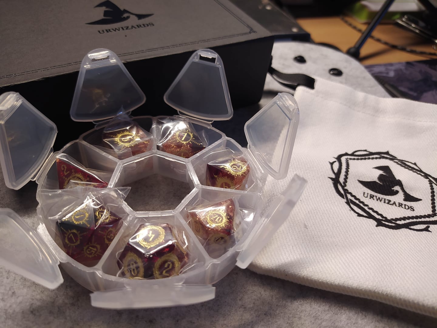 Customer photo review of Handmade Sharp Edge Resin Dice Set -Flame Dungeon-