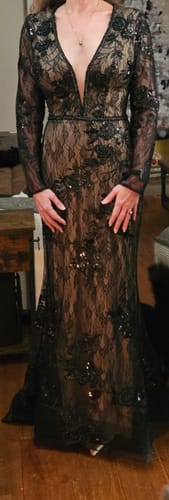 Customer photo review of Embellished Long Sleeve Plunge Neck Trumpet Gown