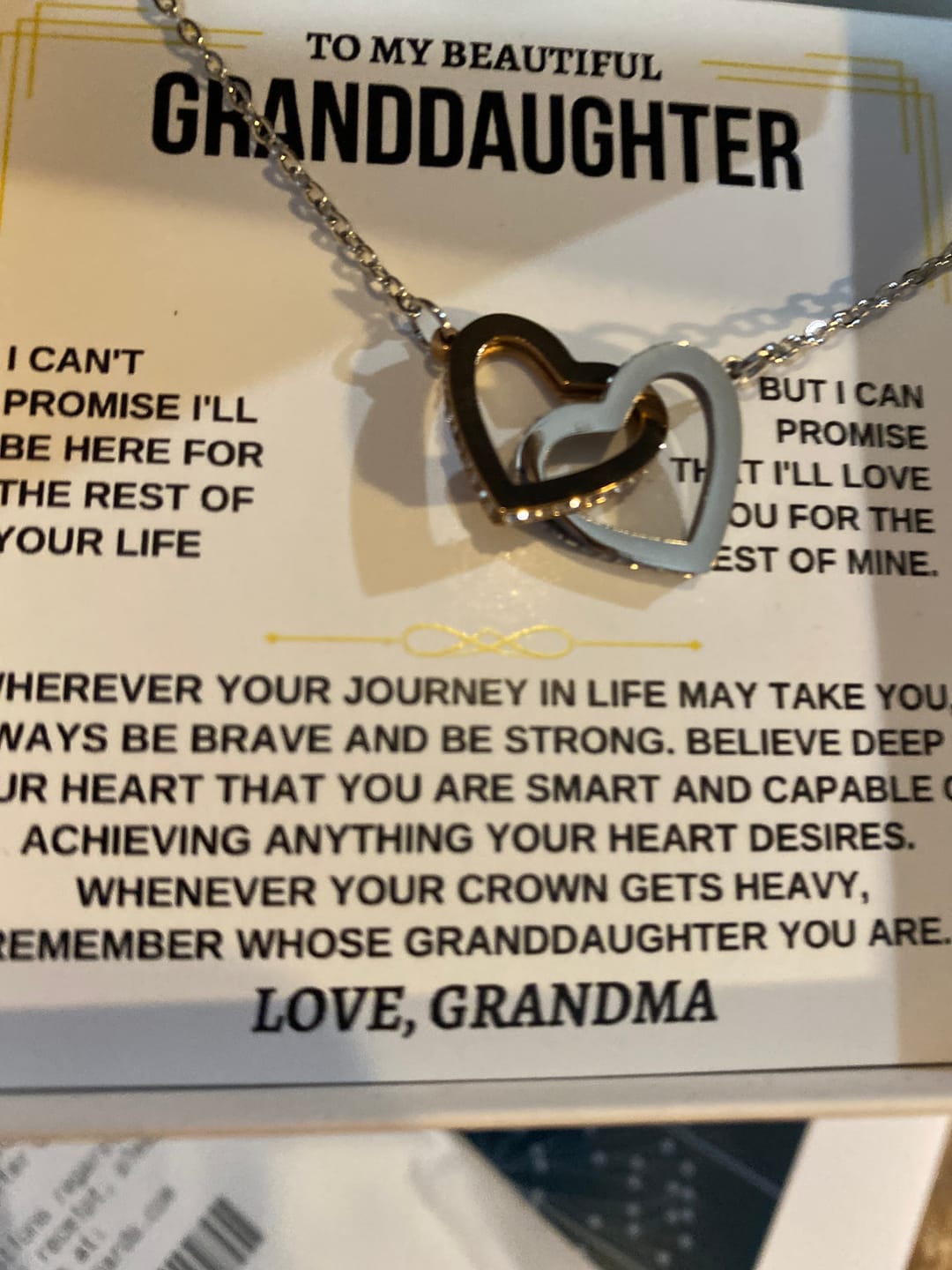 Customer photo review of [ALMOST SOLD OUT] To My Beautiful Granddaughter - Intertwined Hearts Keepsake Necklace Gift Set - SS117GM