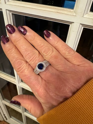 Customer photo review of Halo Milgrain Simulated Blue Sapphire CZ Ring in Sterling Silver