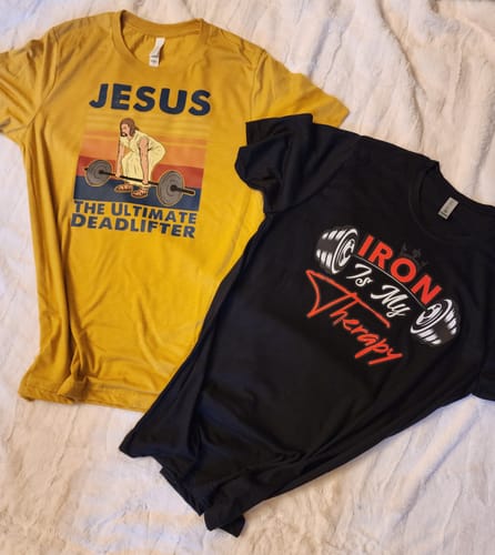 Customer photo review of Jesus The Ultimate Deadlifter DTF Transfer