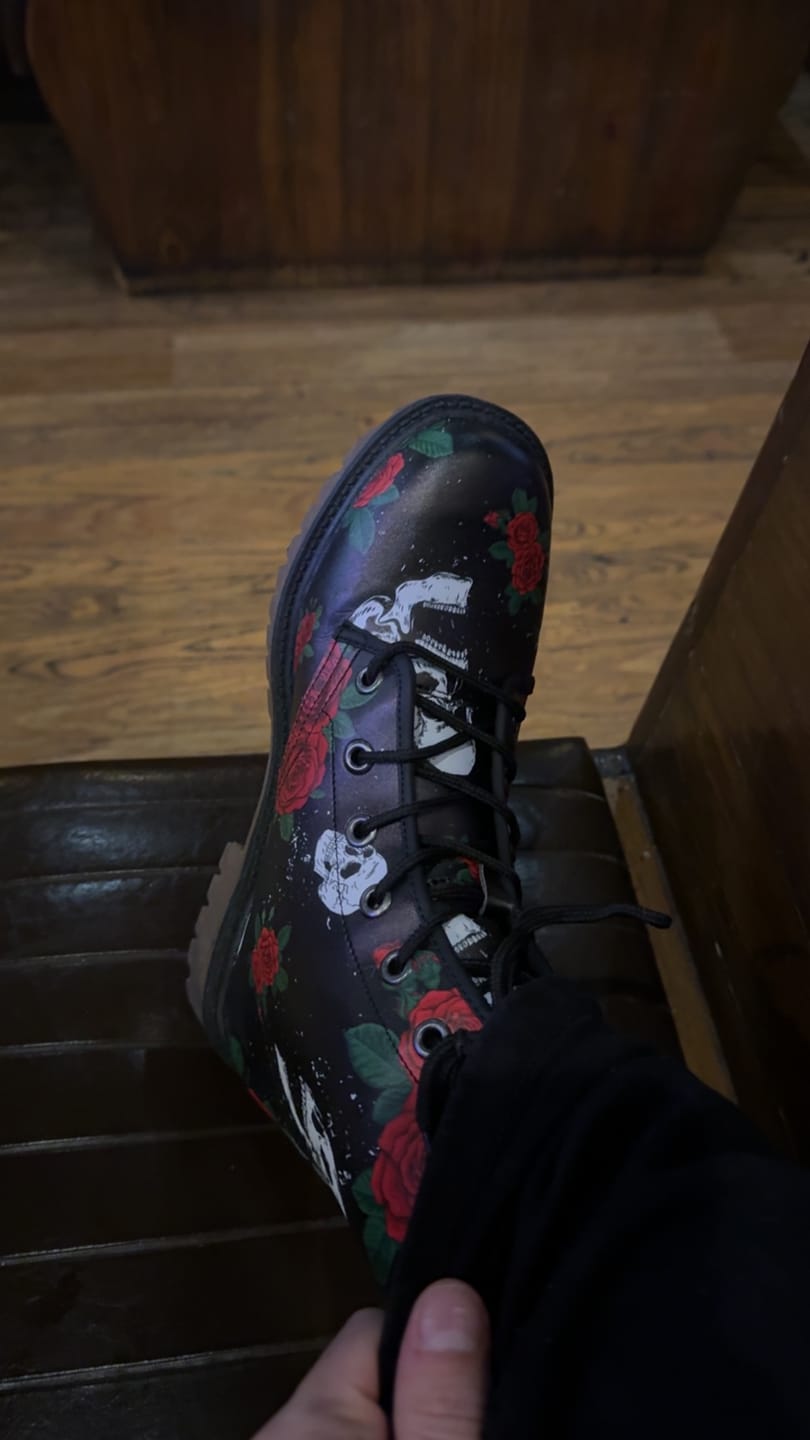Customer photo review of Screaming Skulls and Red Roses Patterned Black Vegan Leather Combat Boots