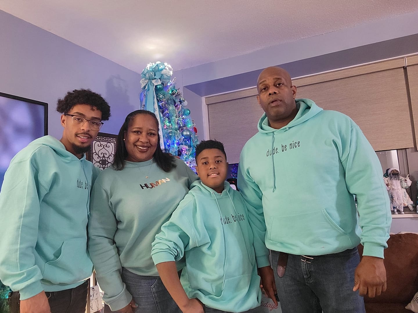 Customer photo review of dude. be nice Hoodie (Mint & Chip Collection)