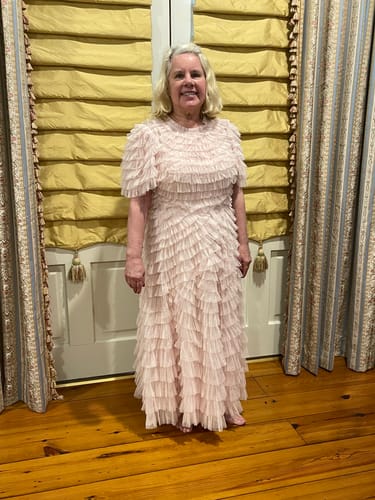 Customer photo review of High Neck Short Sleeve Tiered Ruffle A Line Dress