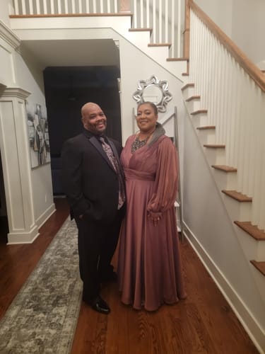 Customer photo review of Puff Sleeve w/ Embellished Cuff V Neck A Line Gown