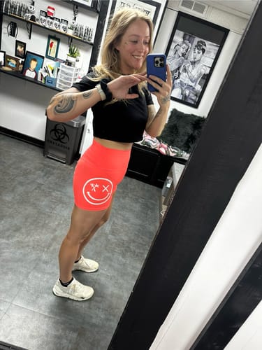 Customer photo review of Salty Savage Ladies High Rise “Spliced Side Smile” Booty Scrunch Training Shorts | Wet Suit Performance