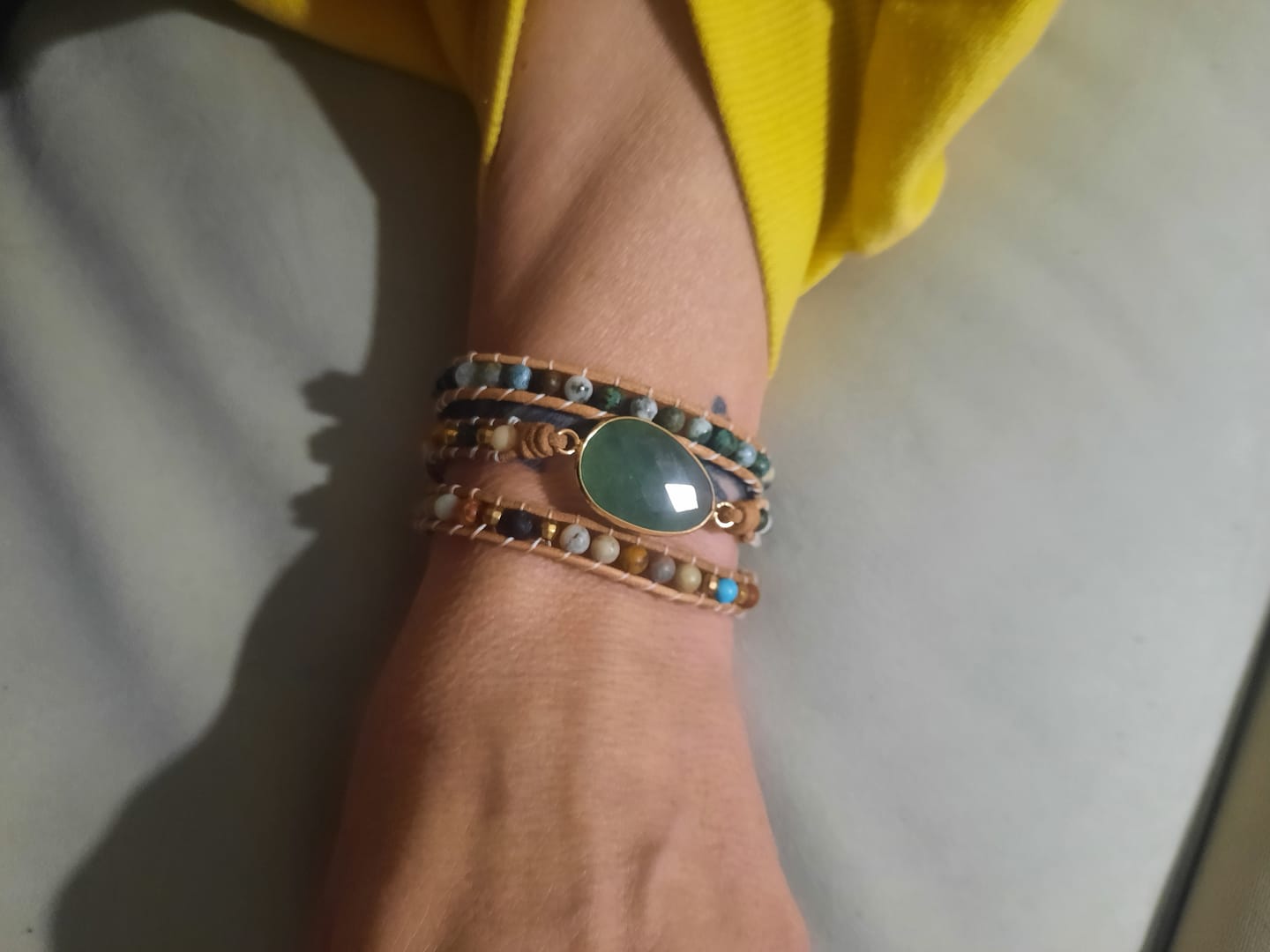 Customer photo review of Natural Green Jade Jasper and Moss Agate Wrap Bracelet
