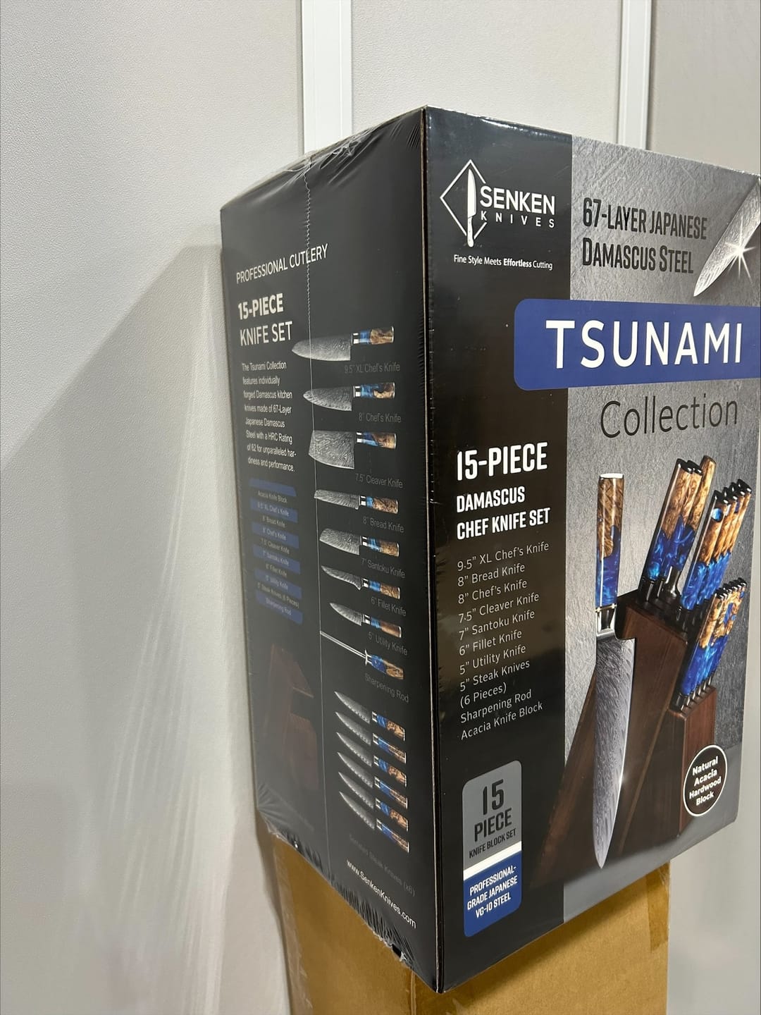 Customer photo review of Tsunami 15-Piece Japanese VG10 Damascus Knife Block Set — with Blue Resin Burl Wood Handles