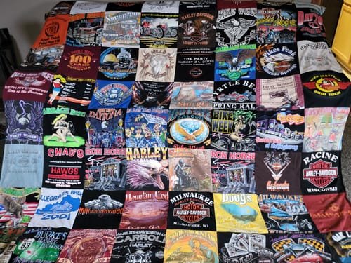 T-shirt quilt with motorcycling, biking themes by Melinda from KY