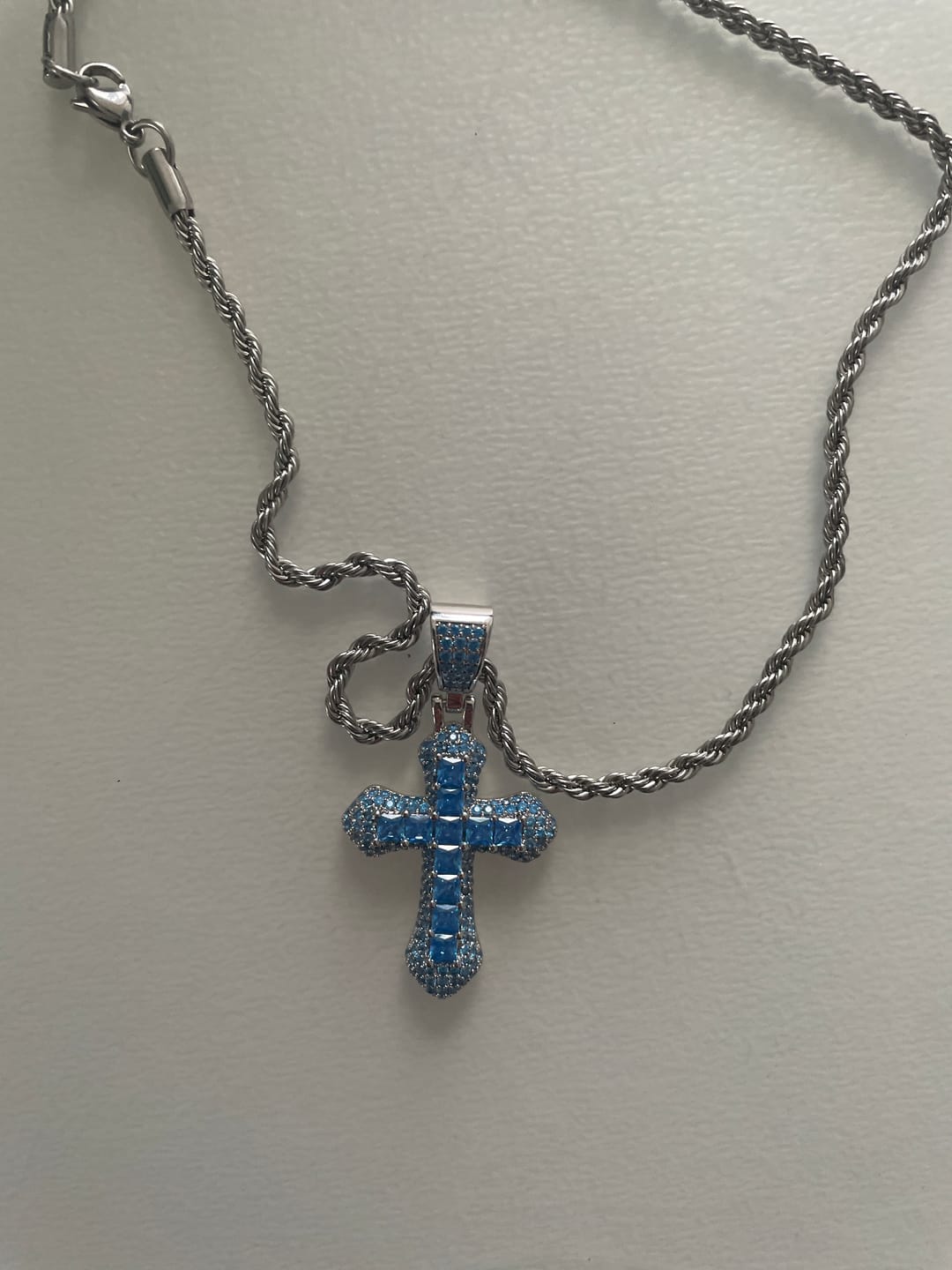 Customer photo review of BLUE CROSS PENDANT. - WHITE GOLD