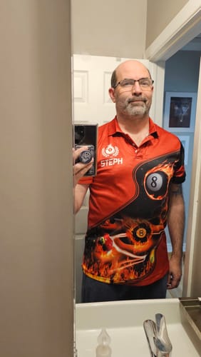 Customer photo review of Personalized Master Billiard Balls Flame 3D Men Polo Shirts Custom Billiard Jersey Red Pool Player TDM0396