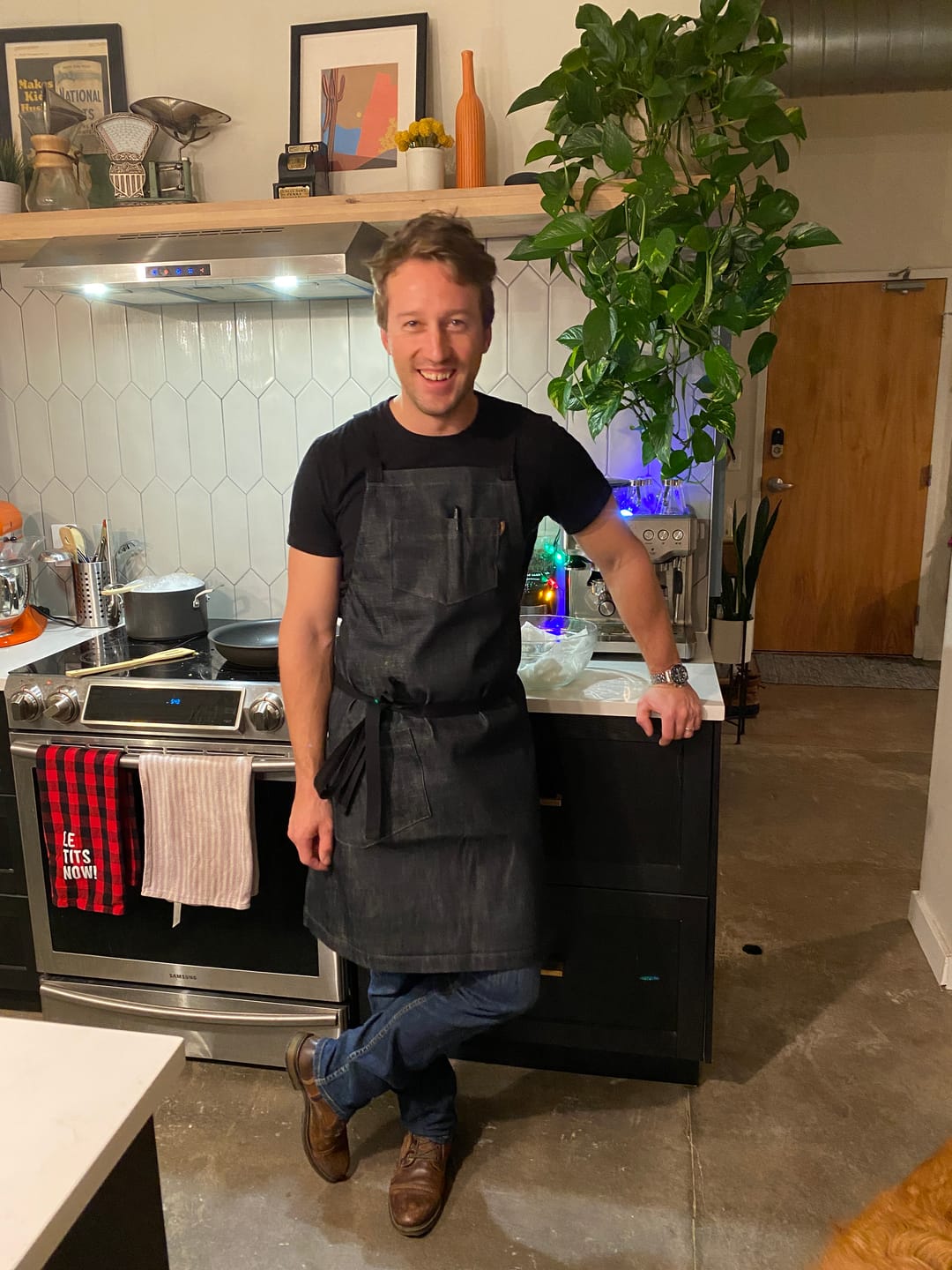 Customer photo review of Deluxe Chef Apron - Indigo