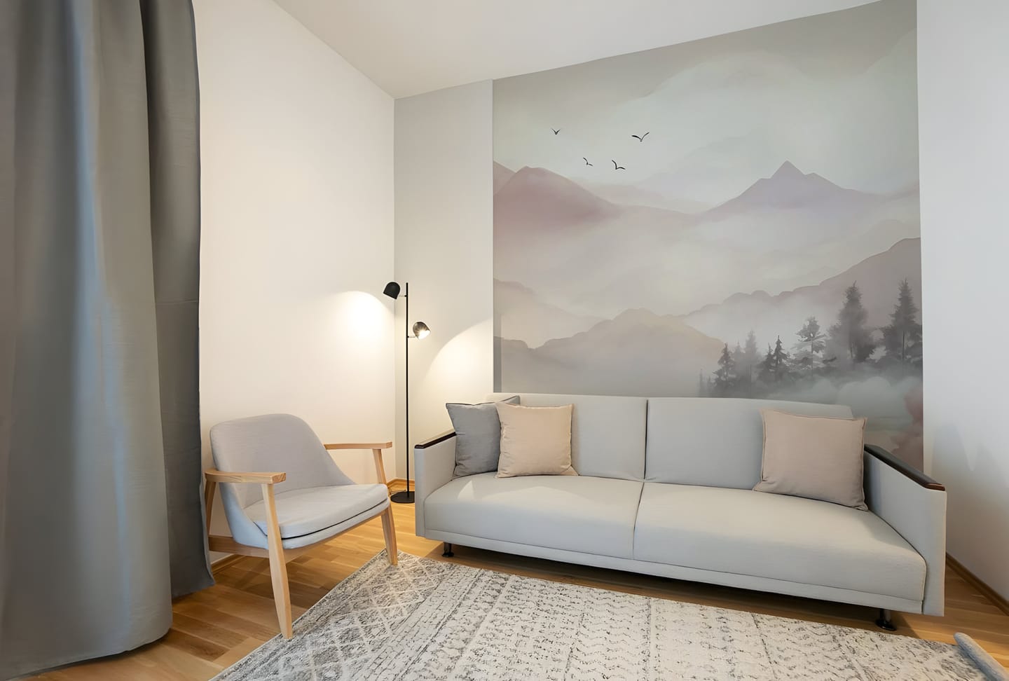 Customer photo review of Watercolor Mountain and Forest Landscape - Pink Mountain Mural - Peel and Stick Nursery Landscape - Kids Room Watercolor Wall Mural