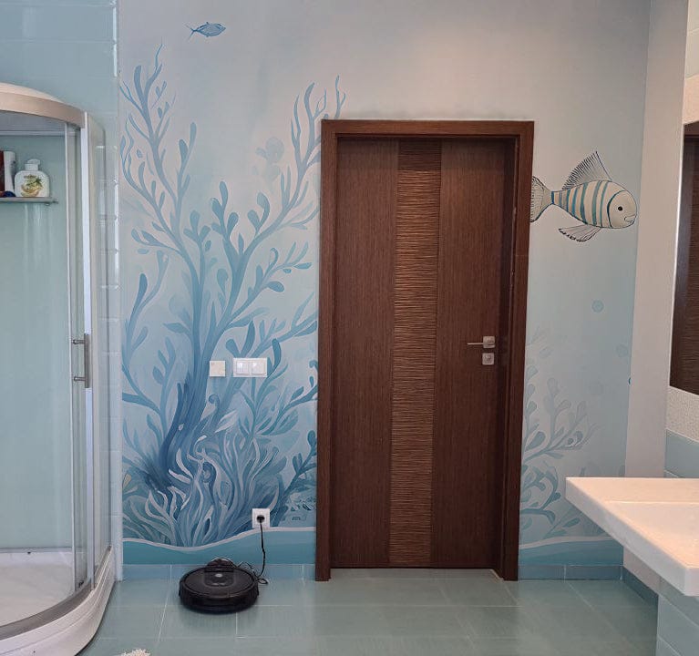 Customer photo review of Under the Ocean Mural - Watercolor Underwater Wallpaper - Sea Life Mural - Nursery Blue Fish Wall Decal - Peel and Stick Sea Animals