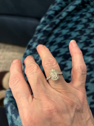 Customer photo review of Art Deco Emerald Cut Moissanite Milgrain Engagement Ring