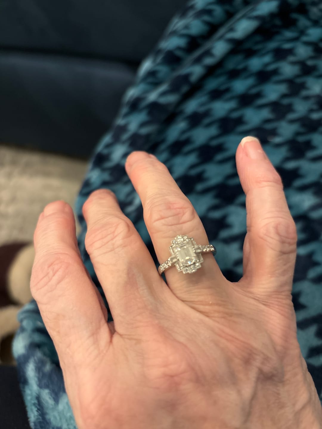 Customer photo review of Art Deco Emerald Cut Moissanite Milgrain Engagement Ring