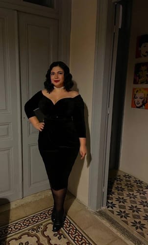 Customer photo review of Starlet Wiggle Dress in Black Velvet - Vixen by Micheline Pitt