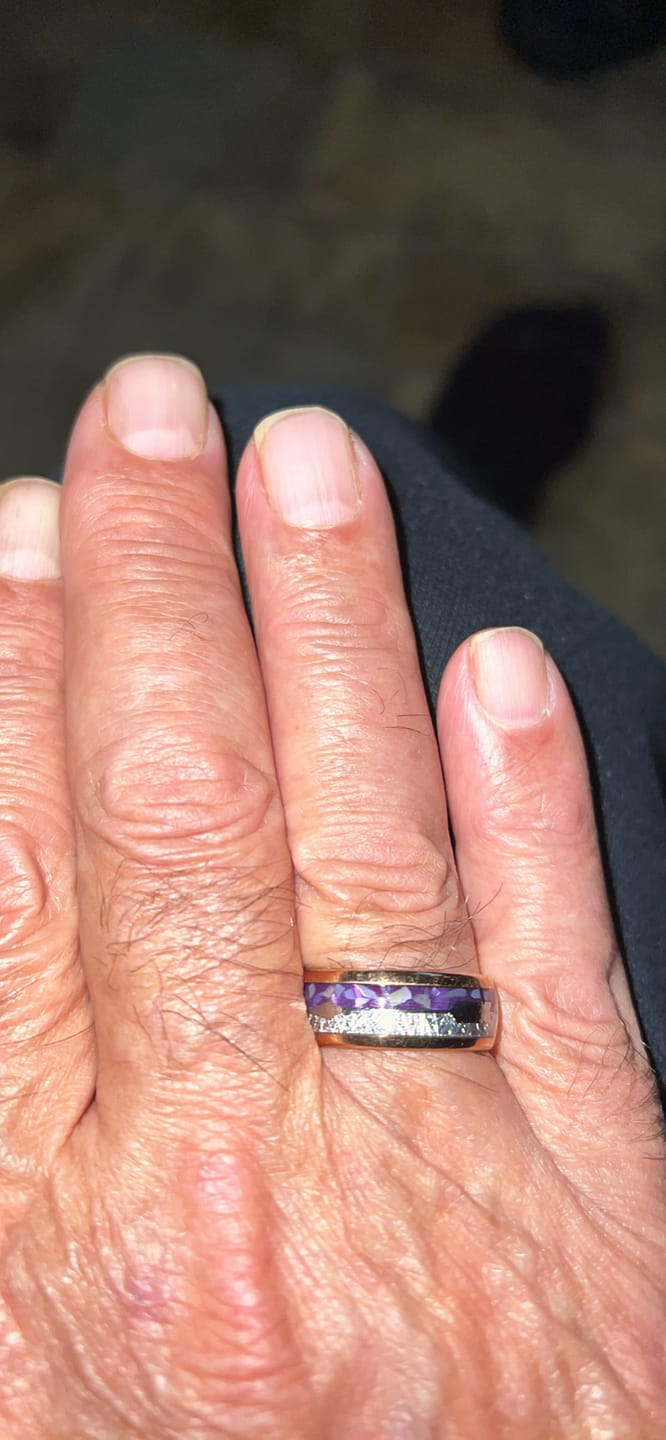 Customer photo review of 8mm- Rose Gold Arrow Ring, Tungsten Dome Ring, W/ Purple Agate & Meteorite Inlay