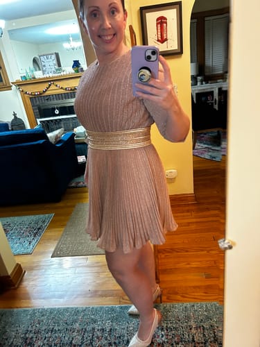 Customer photo review of Shimmer Infused Pleated Mini Dress