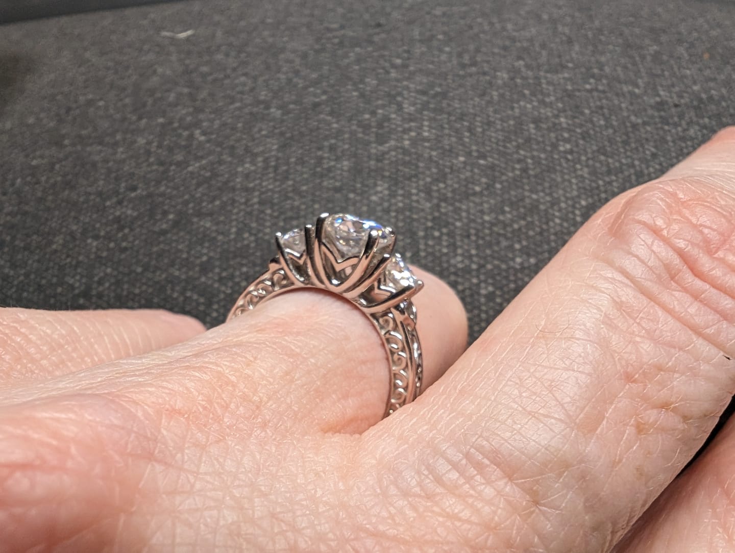 Customer photo review of Vintage Three Stone Moissanite Scroll Filigree Engagement Ring
