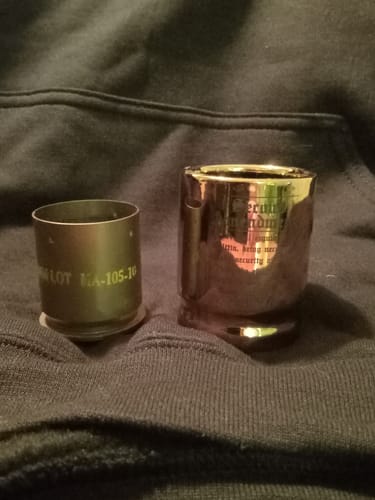 Customer photo review of 2nd Amendment Engraved 50 Caliber Brass Ceramic Shot Glasses - Set of 2