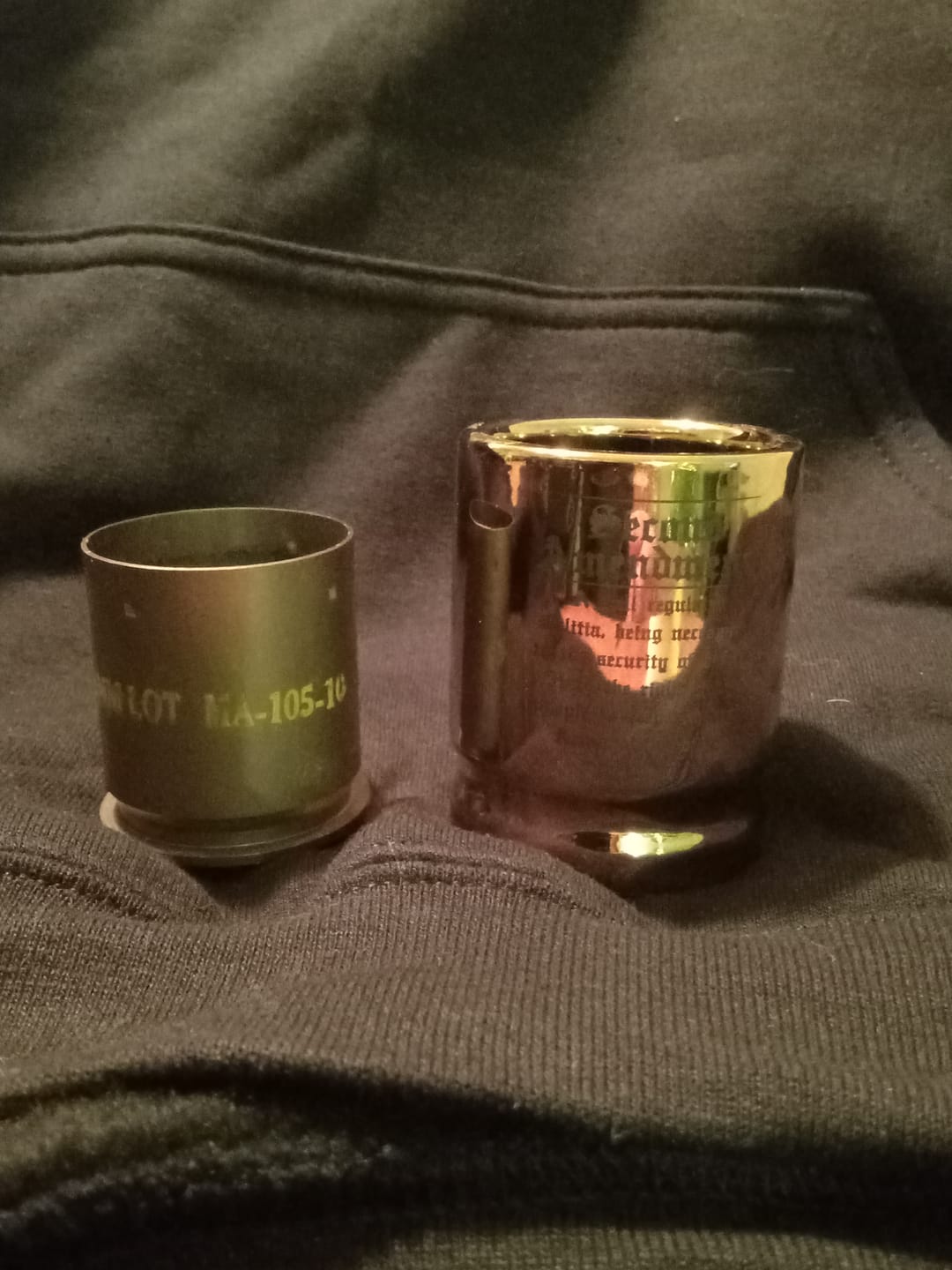 Customer photo review of 2nd Amendment Engraved 50 Caliber Brass Ceramic Shot Glasses - Set of 2