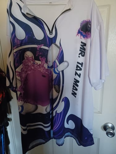 Customer photo review of Maxcorners Fire Blaster Bowling And Pins Multicolor Option Customized Name 3D Shirt
