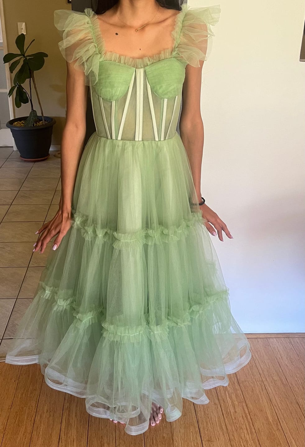 Customer photo review of Pink Tiered Tulle Tea-Length Prom Dress