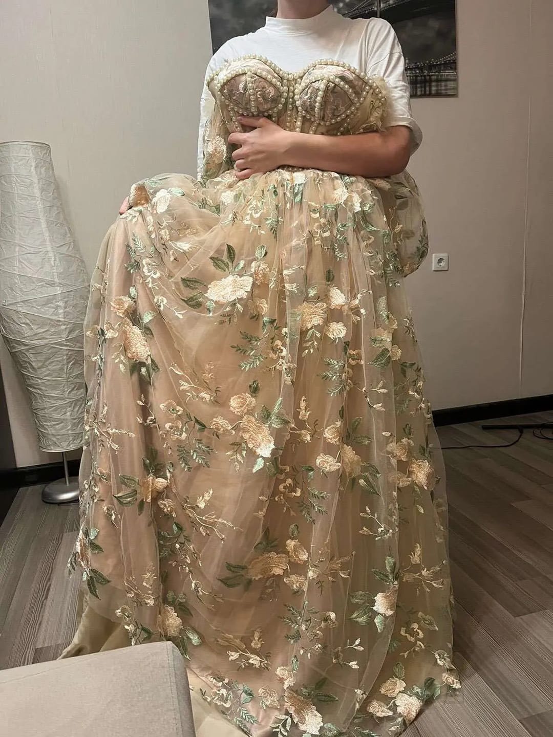 Customer photo review of Beige Floral Embroidery Lace Evening Dress