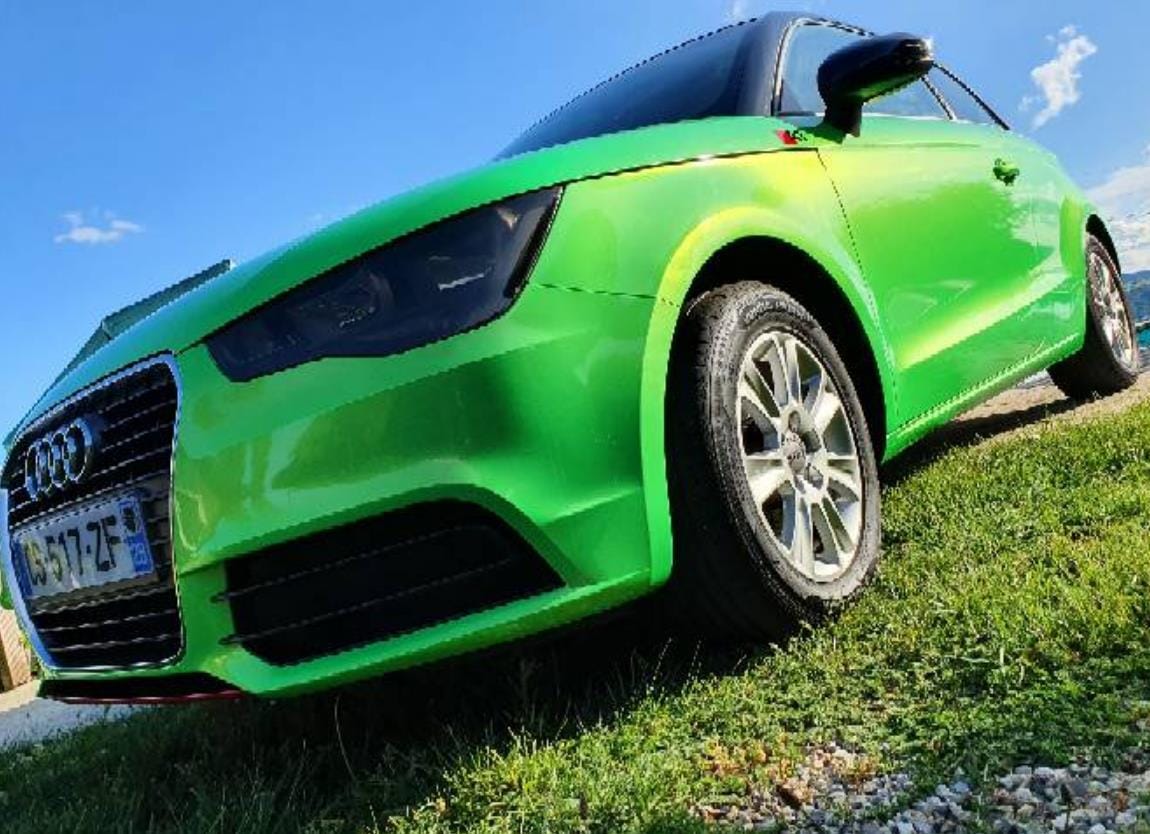 Customer photo review of Mallcas™ Glossy Candy Metallic Neon Green Vinyl Wrap (PET Liner)