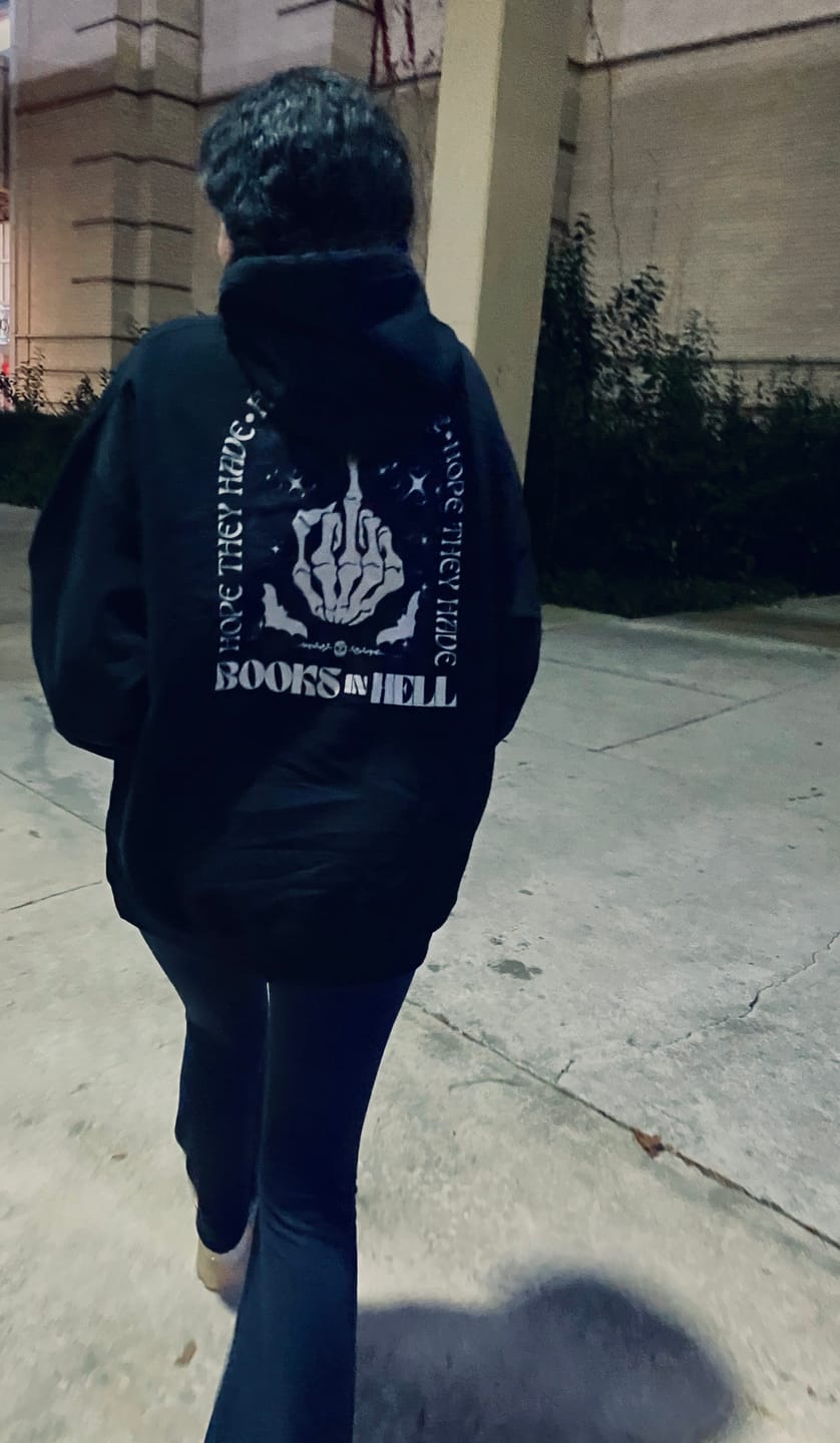 Customer photo review of hope they have books in hell hoodie