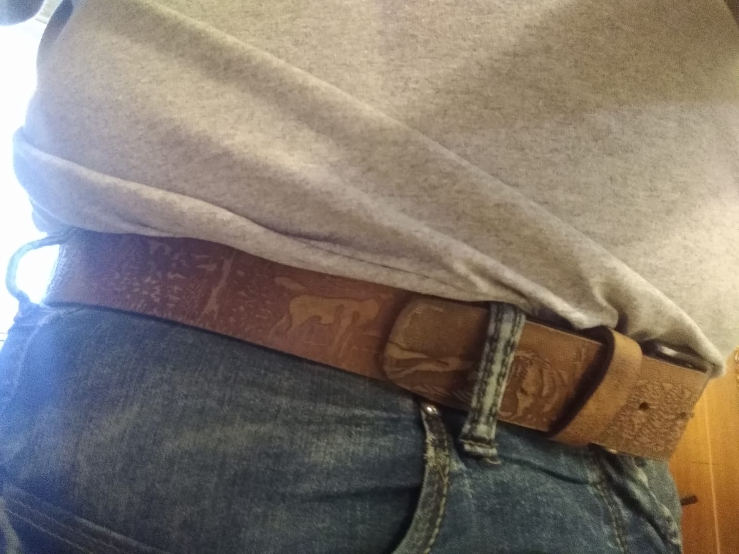 Customer photo review of The Wildlife Belt - Cognac Embossed Full Grain Leather Belt Made in Canada