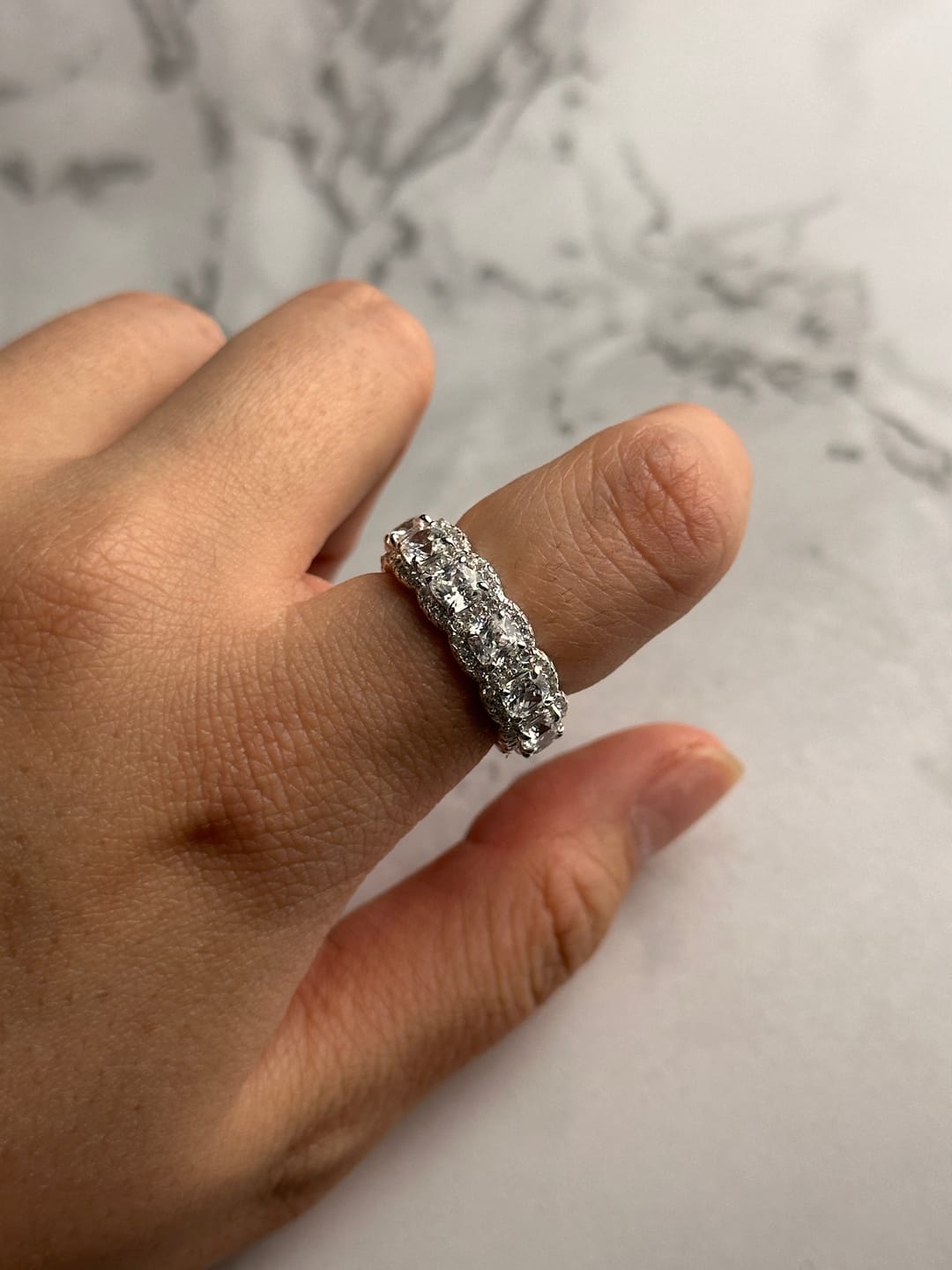Customer photo review of Louily Precious Halo Cushion Cut Wedding Band For Women In Sterling Silver
