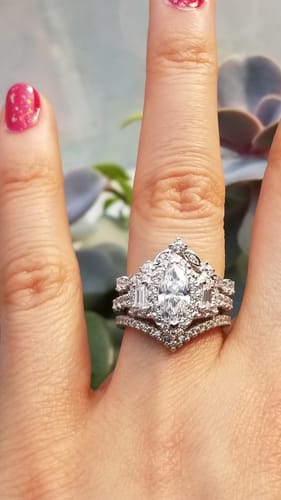 Customer photo review of 3-Stone Halo 1ct Marquise CZ Ring in Sterling Silver